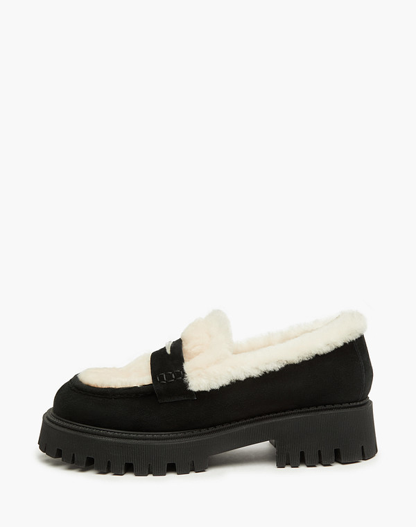 234-326635-3605M Туфли женские велюр-мех/мех черн-бел, Mascotte