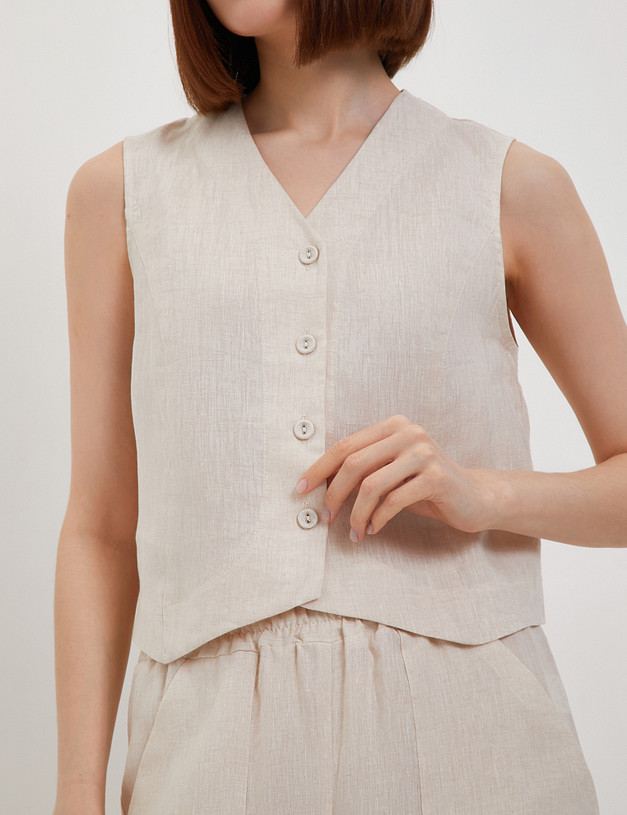 Бежевый женский льняной жилет MASCOTTE 790-4103-2708 | ракурс 1 Бежевый женский льняной жилет MASCOTTE 790-4103-2708 | ракурс 1