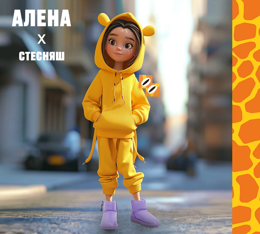 Девочка Алёна и маскотикс Стесняш