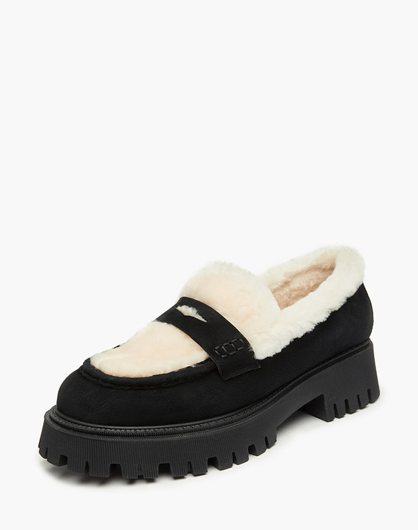 234-326635-3605M Туфли женские велюр-мех/мех черн-бел, Mascotte