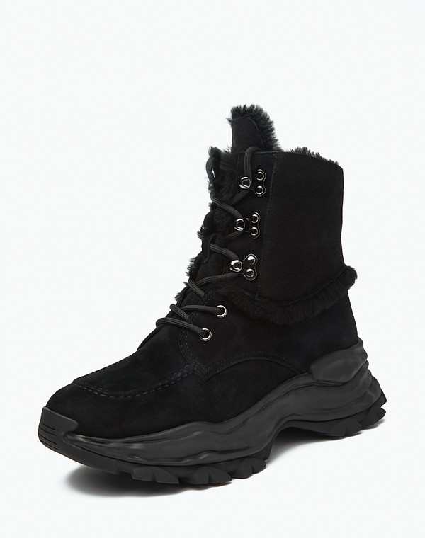 175-3205331-3605M Ботинки женские велюр-нат.кожа/мех черн, Mascotte